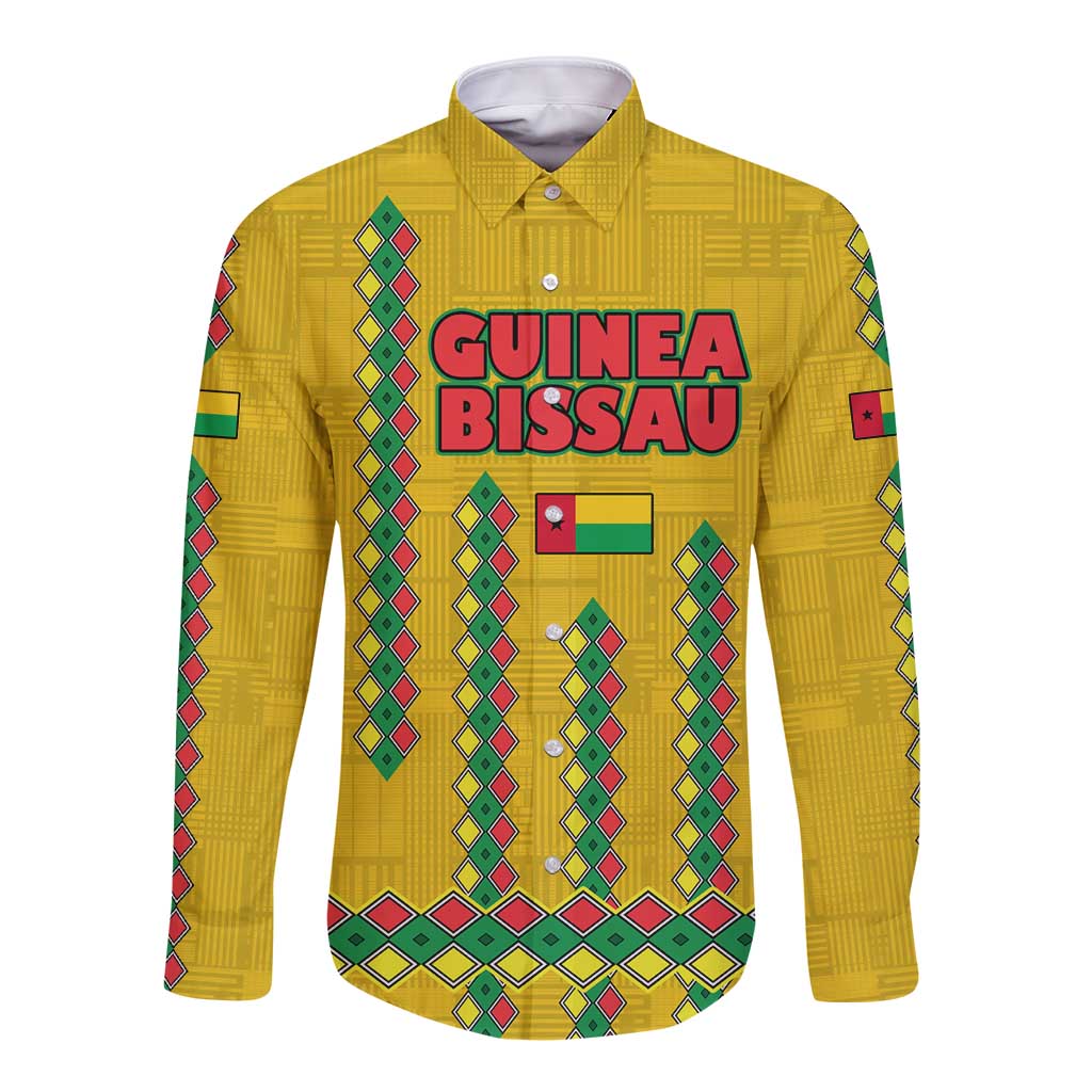 Guinea Bissau Long Sleeve Button Shirt with Yellow Tribal Geometric Design and National Flag - Wonder Print Shop