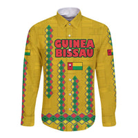 Guinea Bissau Long Sleeve Button Shirt with Yellow Tribal Geometric Design and National Flag - Wonder Print Shop
