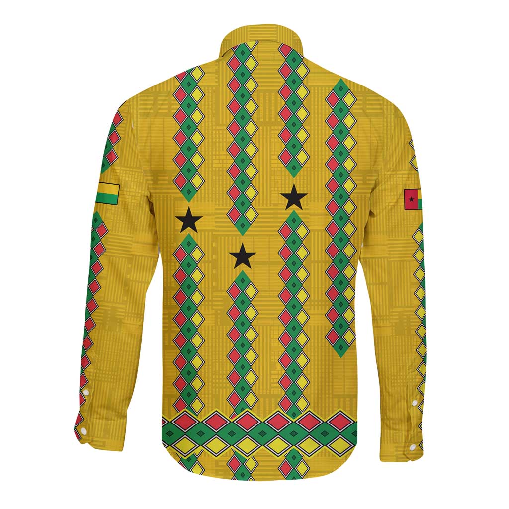 Guinea Bissau Long Sleeve Button Shirt with Yellow Tribal Geometric Design and National Flag - Wonder Print Shop