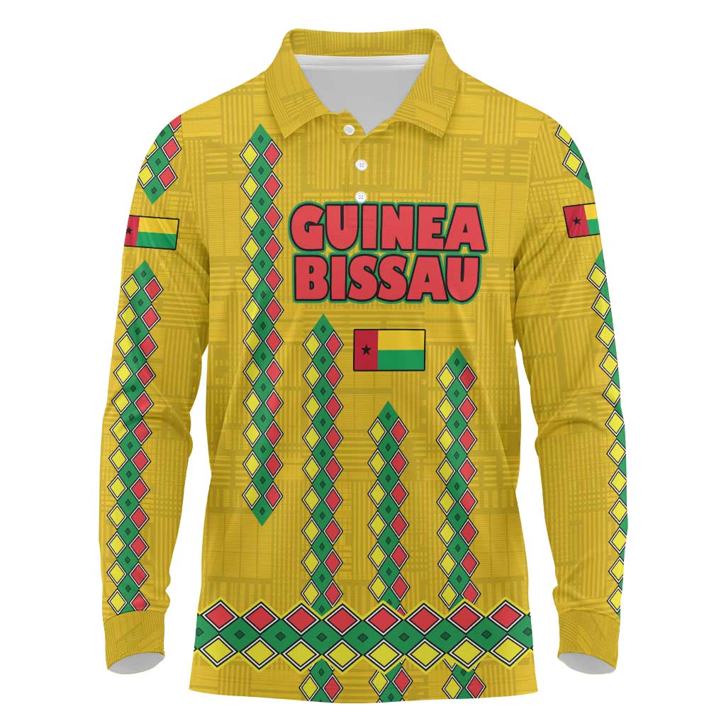 Guinea Bissau Long Sleeve Polo Shirt with Yellow Tribal Geometric Design and National Flag - Wonder Print Shop
