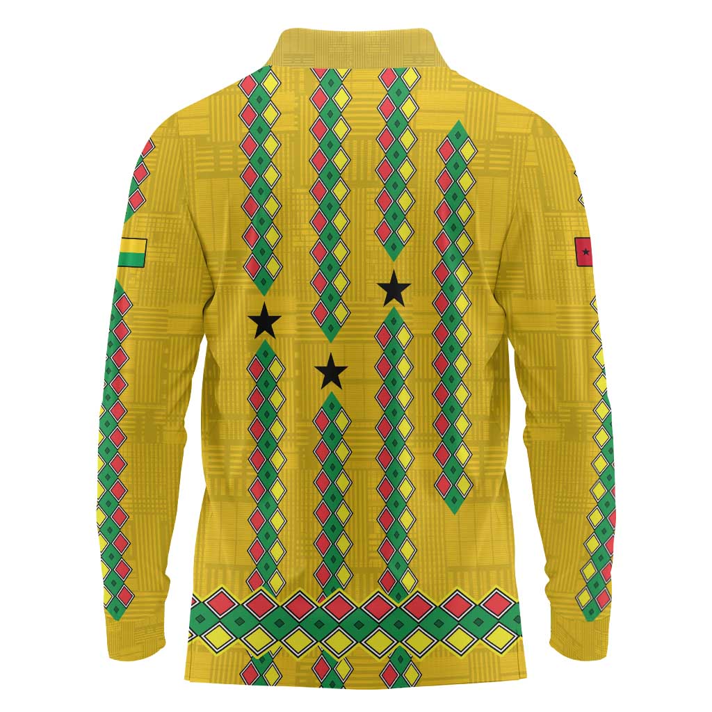 Guinea Bissau Long Sleeve Polo Shirt with Yellow Tribal Geometric Design and National Flag - Wonder Print Shop