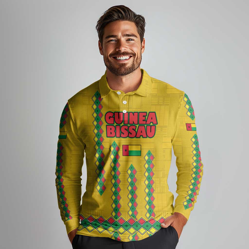 Guinea Bissau Long Sleeve Polo Shirt with Yellow Tribal Geometric Design and National Flag - Wonder Print Shop
