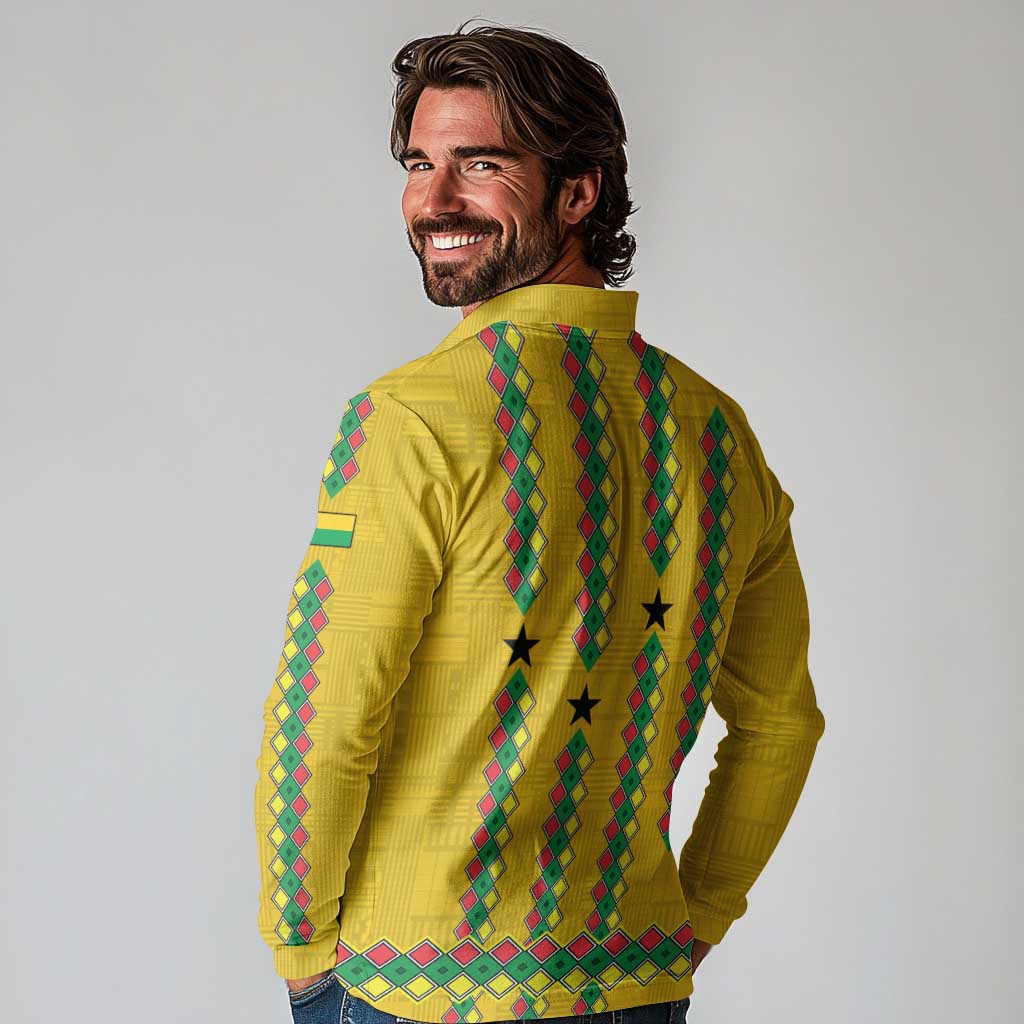 Guinea Bissau Long Sleeve Polo Shirt with Yellow Tribal Geometric Design and National Flag - Wonder Print Shop