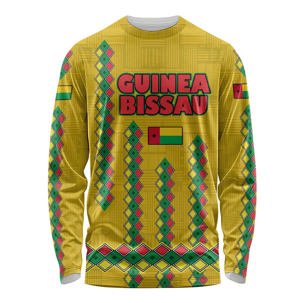 Guinea Bissau Long Sleeve Shirt with Yellow Tribal Geometric Design and National Flag - Wonder Print Shop