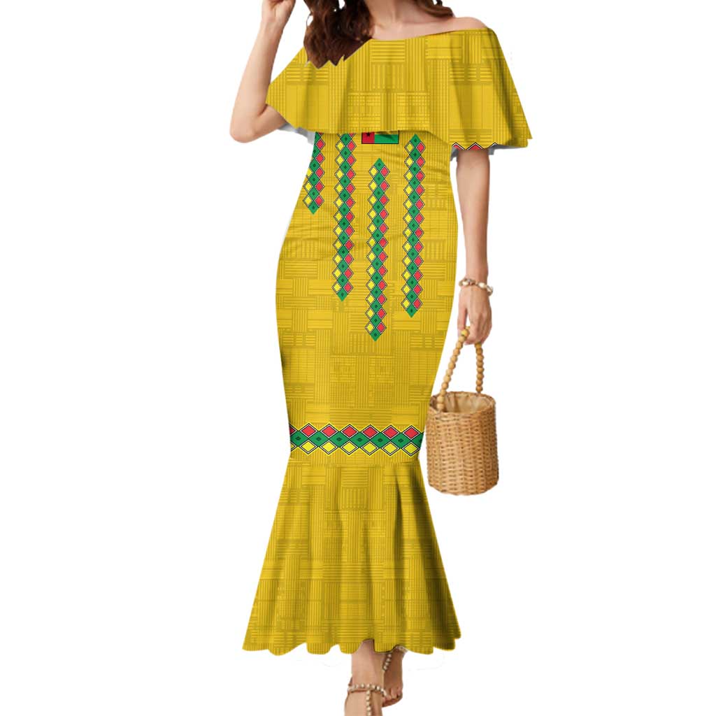 Guinea Bissau Mermaid Dress with Yellow Tribal Geometric Design and National Flag - Wonder Print Shop