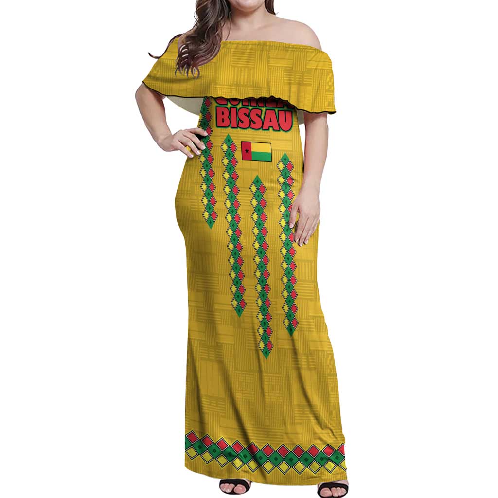 Guinea Bissau Off Shoulder Maxi Dress with Yellow Tribal Geometric Design and National Flag - Wonder Print Shop