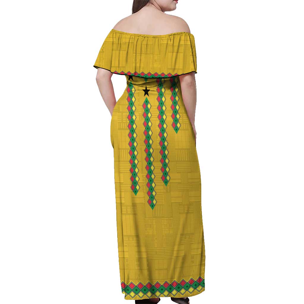 Guinea Bissau Off Shoulder Maxi Dress with Yellow Tribal Geometric Design and National Flag - Wonder Print Shop