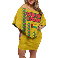 Guinea Bissau Off Shoulder Short Dress with Yellow Tribal Geometric Design and National Flag - Wonder Print Shop