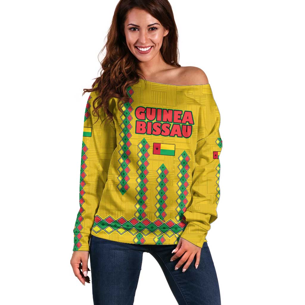 Guinea Bissau Off Shoulder Sweater with Yellow Tribal Geometric Design and National Flag - Wonder Print Shop