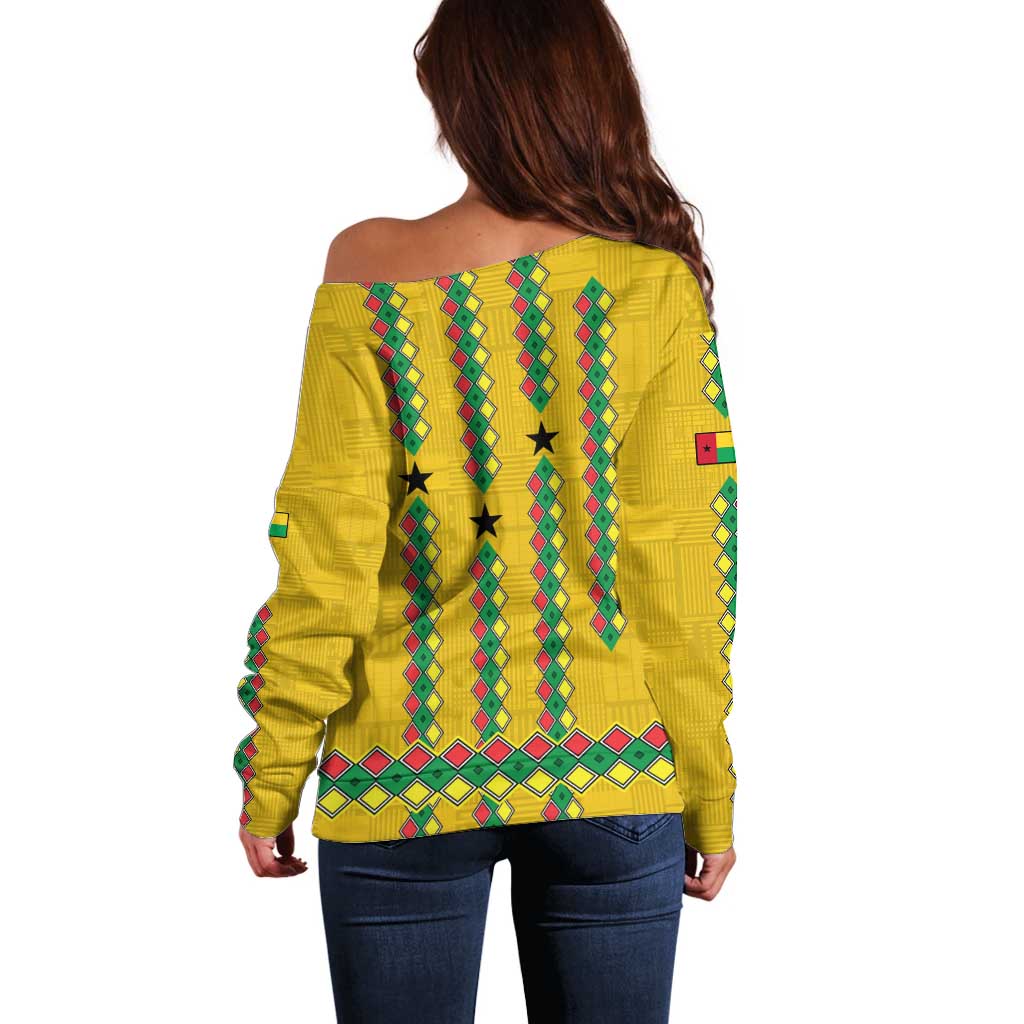 Guinea Bissau Off Shoulder Sweater with Yellow Tribal Geometric Design and National Flag - Wonder Print Shop