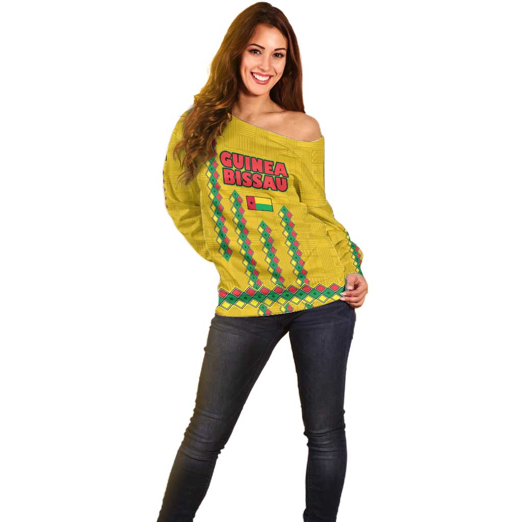Guinea Bissau Off Shoulder Sweater with Yellow Tribal Geometric Design and National Flag - Wonder Print Shop