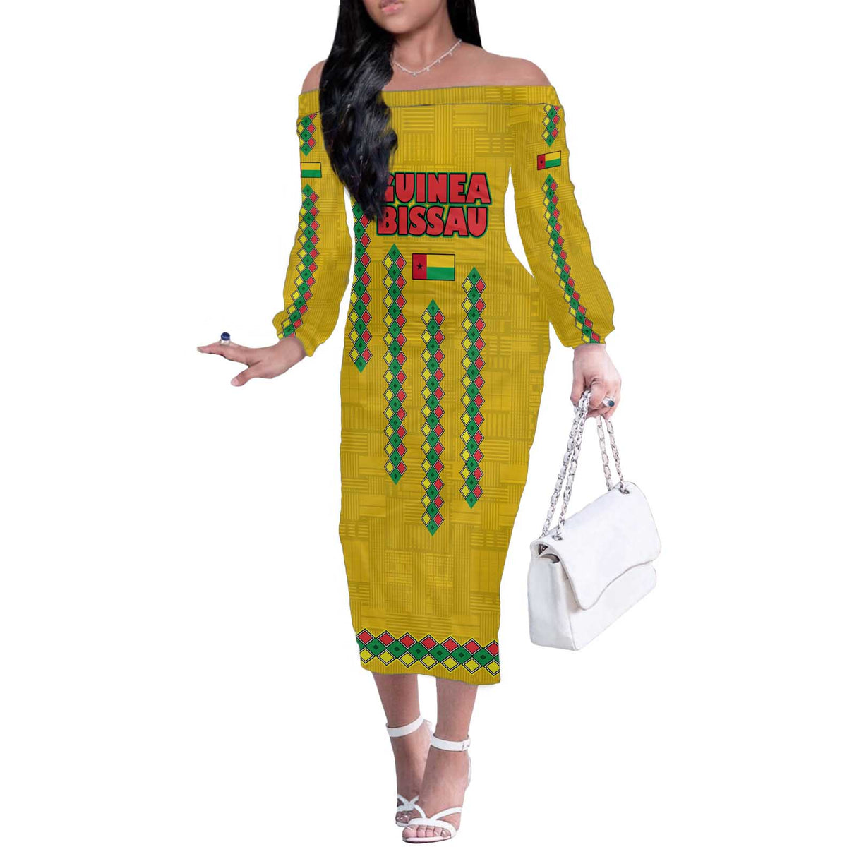 Guinea Bissau Off The Shoulder Long Sleeve Dress with Yellow Tribal Geometric Design and National Flag - Wonder Print Shop