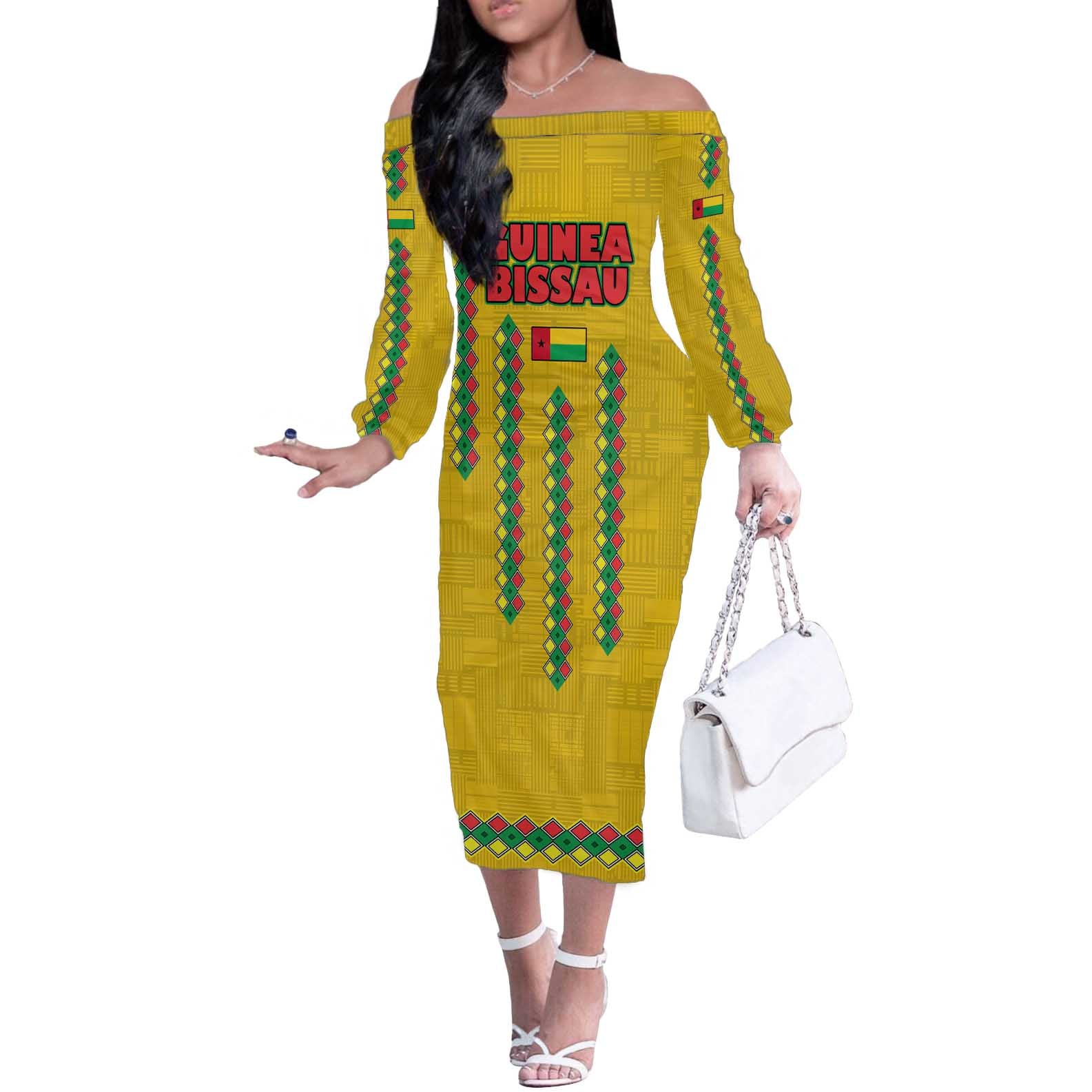 Guinea Bissau Off The Shoulder Long Sleeve Dress with Yellow Tribal Geometric Design and National Flag - Wonder Print Shop
