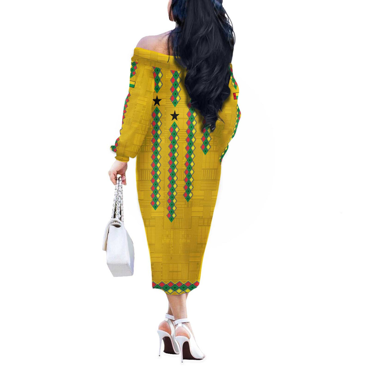 Guinea Bissau Off The Shoulder Long Sleeve Dress with Yellow Tribal Geometric Design and National Flag - Wonder Print Shop