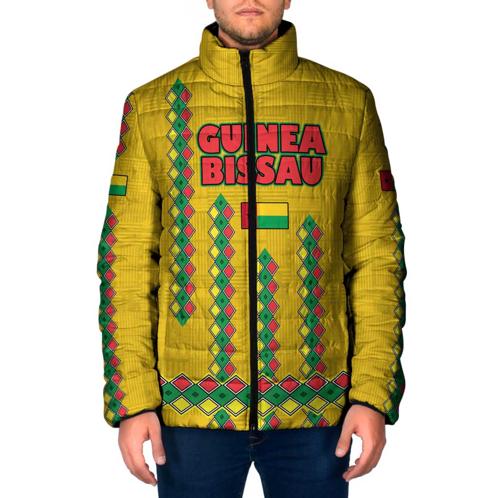 Guinea Bissau Padded Jacket with Yellow Tribal Geometric Design and National Flag - Wonder Print Shop