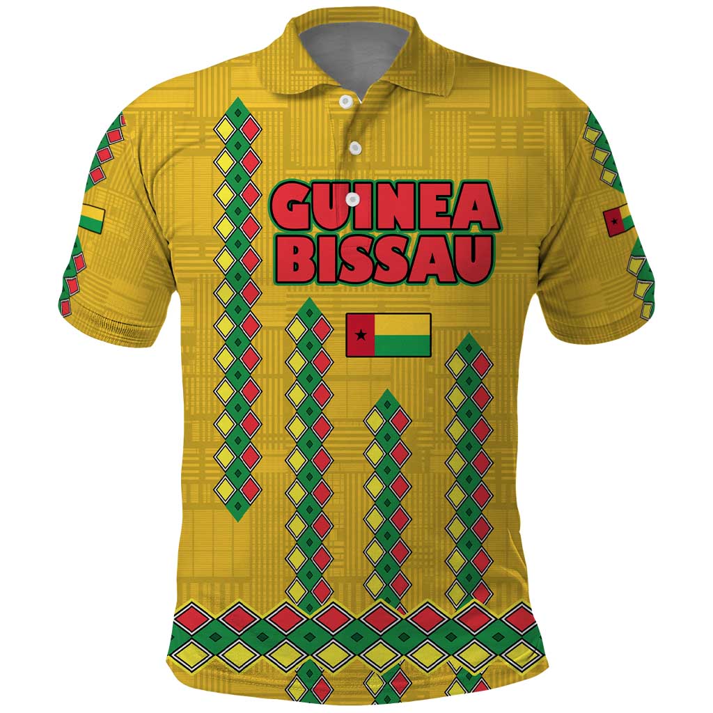 Guinea Bissau Polo Shirt with Yellow Tribal Geometric Design and National Flag - Wonder Print Shop