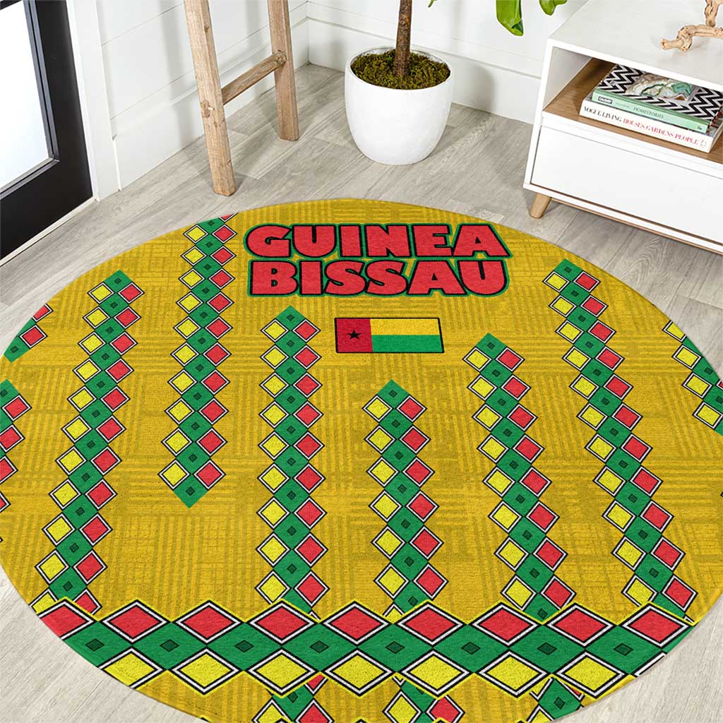 Guinea Bissau Round Carpet with Yellow Tribal Geometric Design and National Flag - Wonder Print Shop