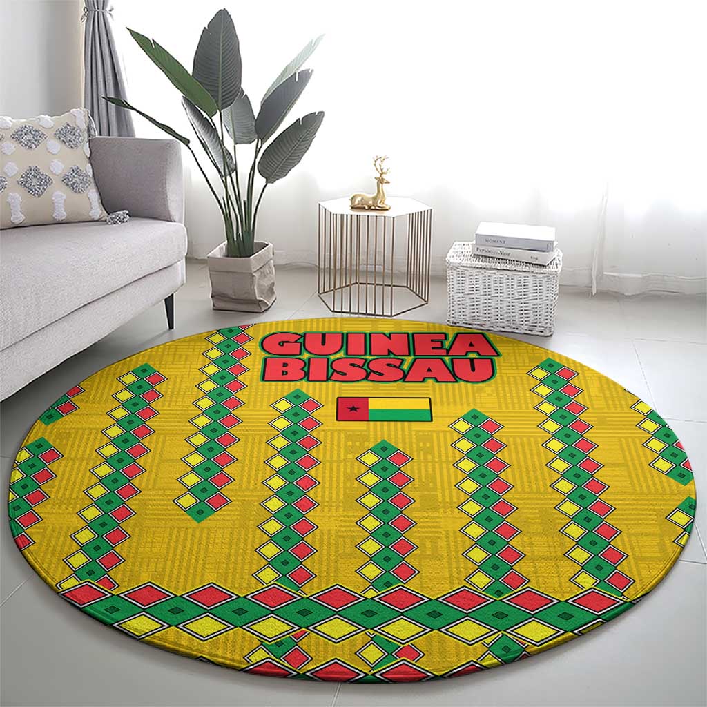 Guinea Bissau Round Carpet with Yellow Tribal Geometric Design and National Flag - Wonder Print Shop