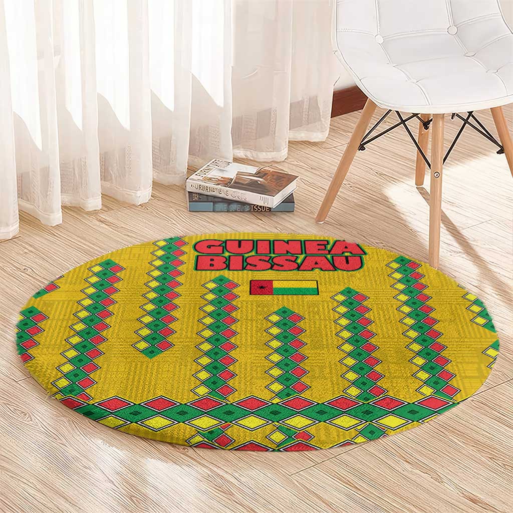 Guinea Bissau Round Carpet with Yellow Tribal Geometric Design and National Flag - Wonder Print Shop