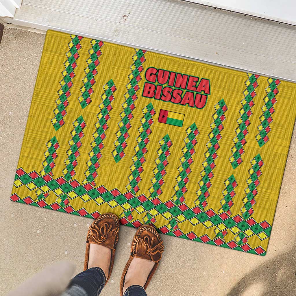 Guinea Bissau Rubber Doormat with Yellow Tribal Geometric Design and National Flag - Wonder Print Shop