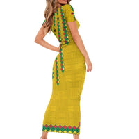 Guinea Bissau Short Sleeve Bodycon Dress with Yellow Tribal Geometric Design and National Flag - Wonder Print Shop