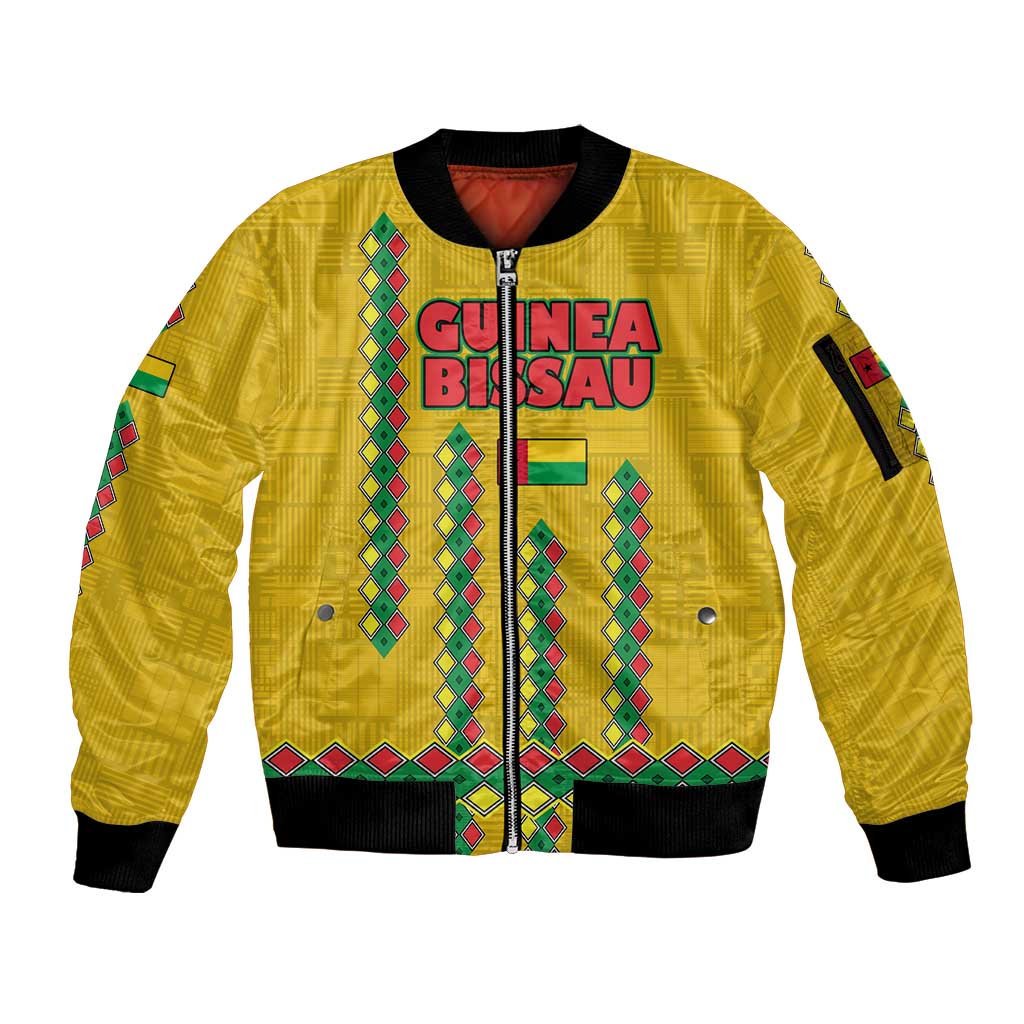 Guinea Bissau Sleeve Zip Bomber Jacket with Yellow Tribal Geometric Design and National Flag - Wonder Print Shop