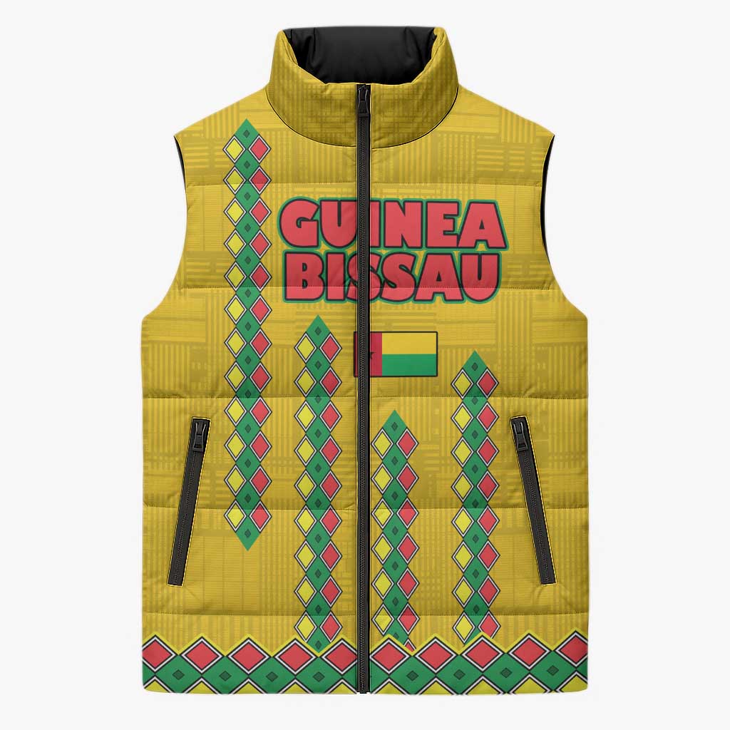 Guinea Bissau Sleeveless Puffer Jacket with Yellow Tribal Geometric Design and National Flag - Wonder Print Shop