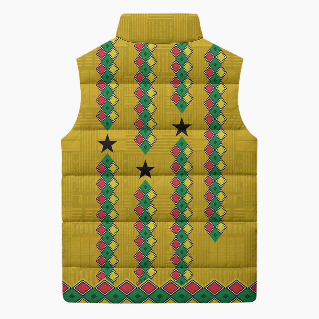 Guinea Bissau Sleeveless Puffer Jacket with Yellow Tribal Geometric Design and National Flag - Wonder Print Shop
