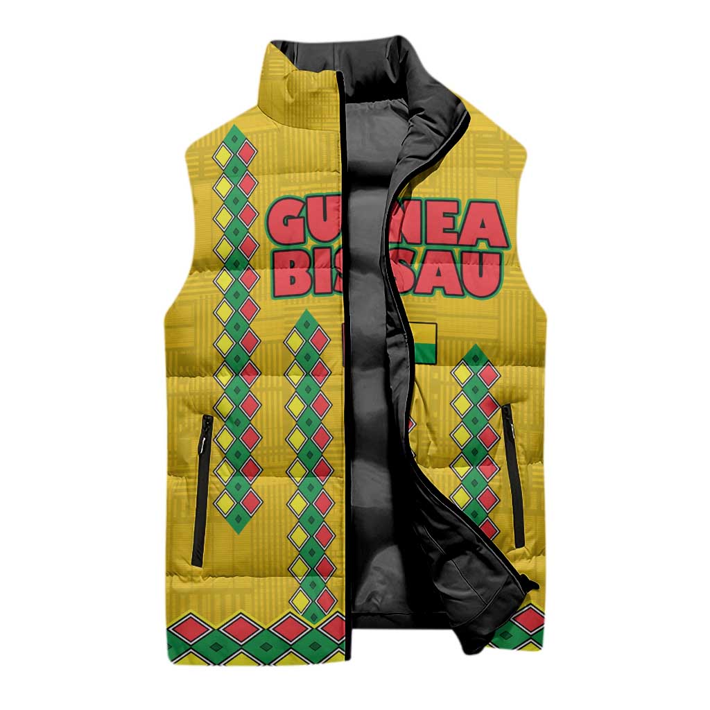 Guinea Bissau Sleeveless Puffer Jacket with Yellow Tribal Geometric Design and National Flag - Wonder Print Shop