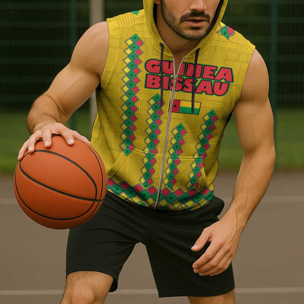 Guinea Bissau Sleeveless Zip Hoodie with Yellow Tribal Geometric Design and National Flag - Wonder Print Shop