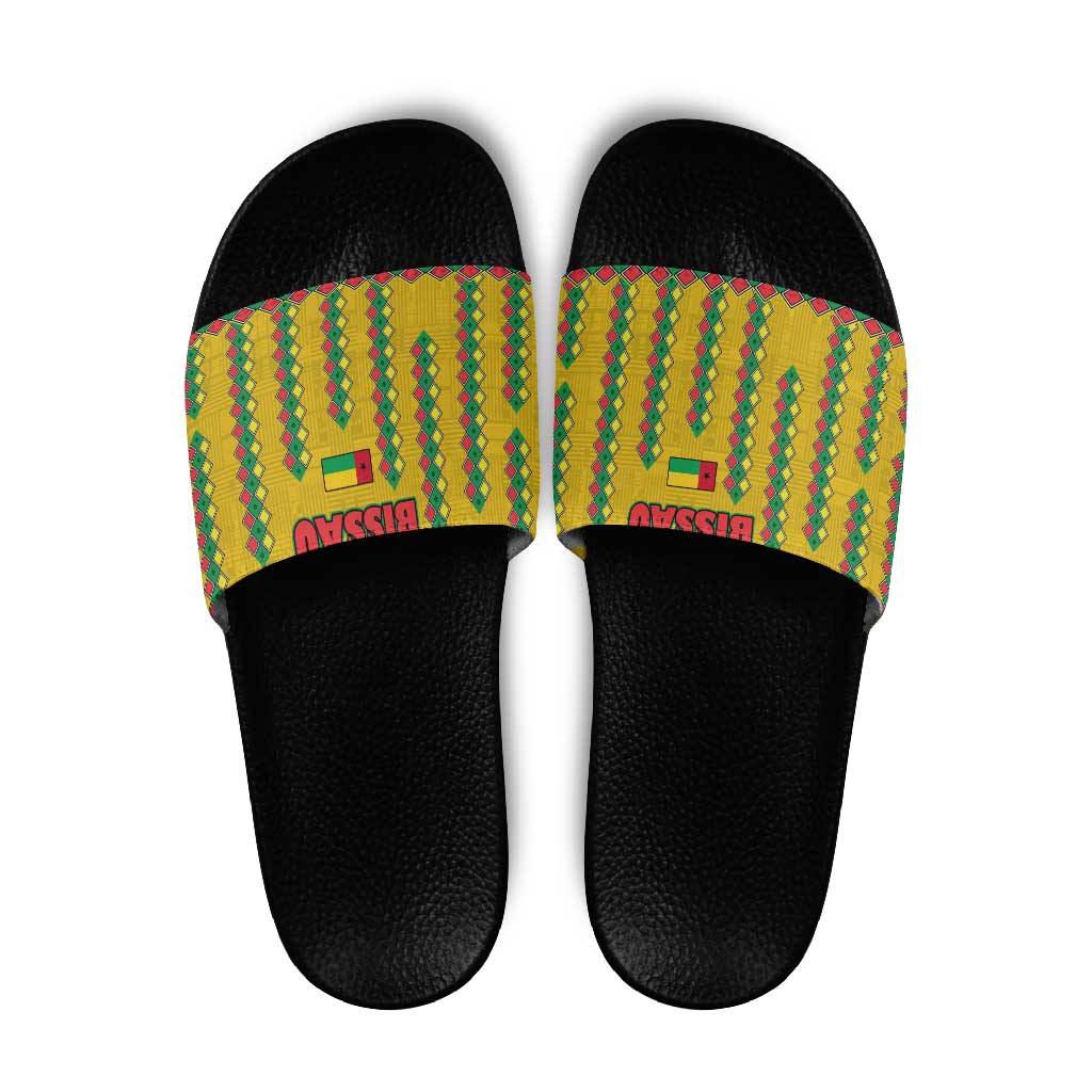 Guinea Bissau Slide Sandals with Yellow Tribal Geometric Design and National Flag - Wonder Print Shop