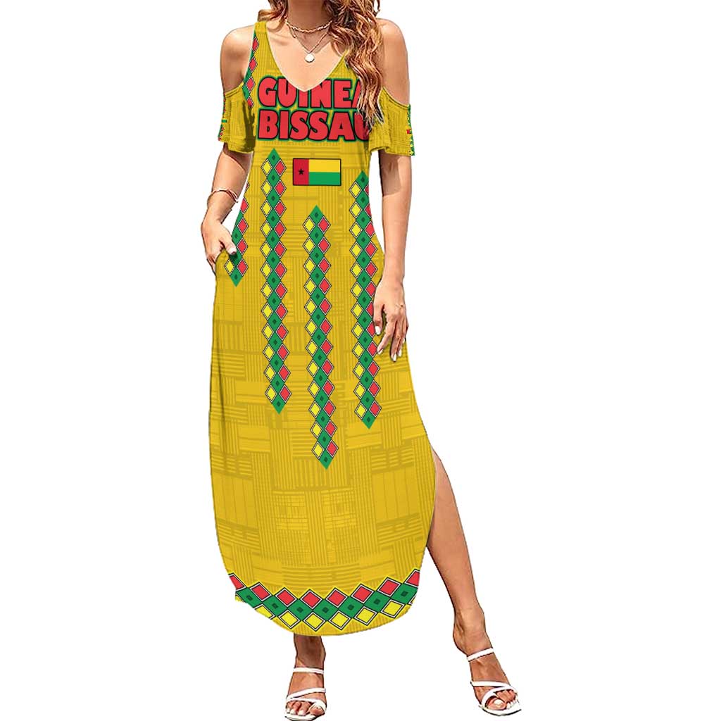 Guinea Bissau Summer Maxi Dress with Yellow Tribal Geometric Design and National Flag - Wonder Print Shop