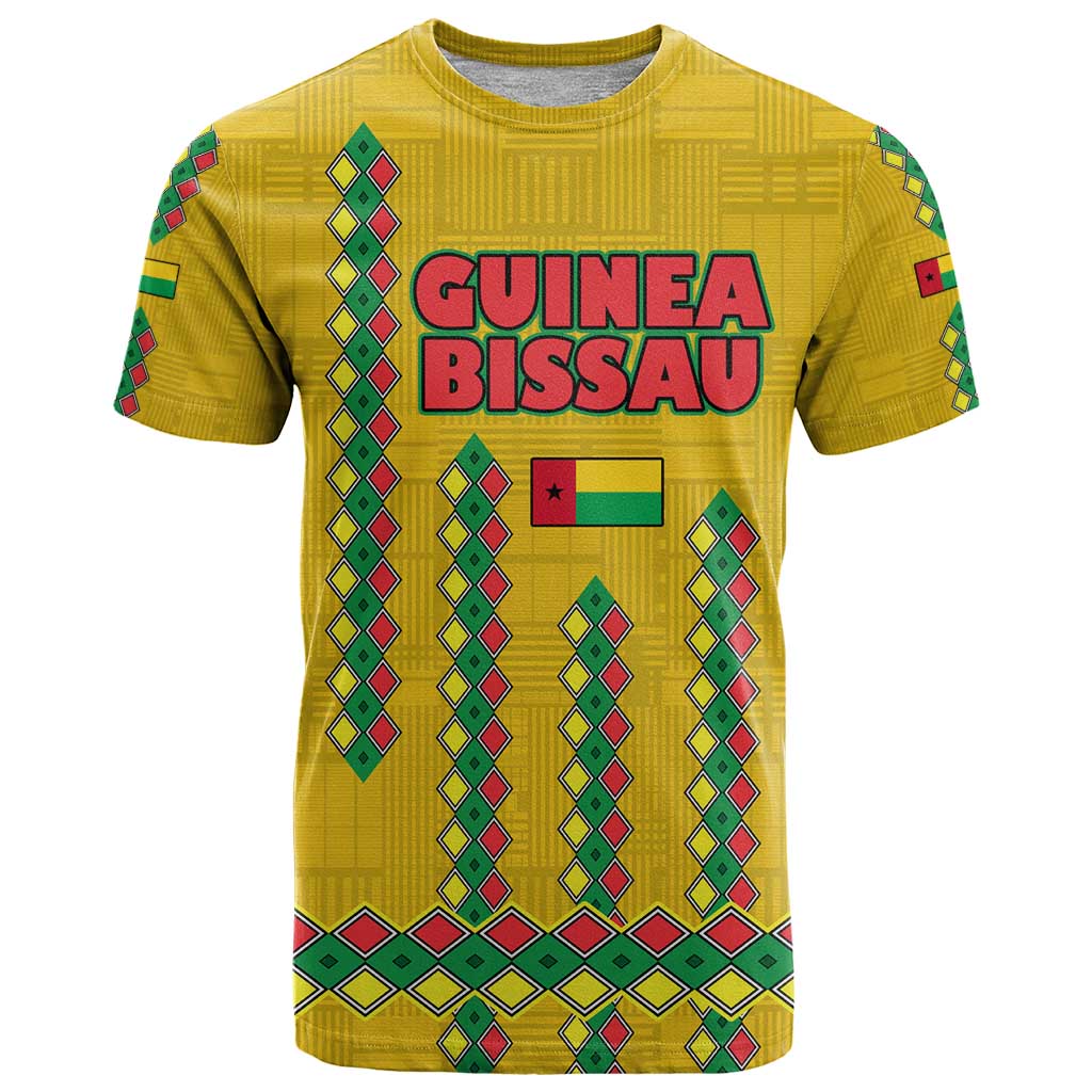 Guinea Bissau T Shirt with Yellow Tribal Geometric Design and National Flag - Wonder Print Shop