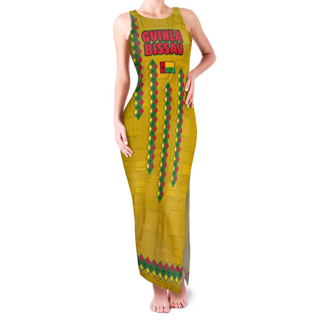 Guinea Bissau Tank Maxi Dress with Yellow Tribal Geometric Design and National Flag - Wonder Print Shop