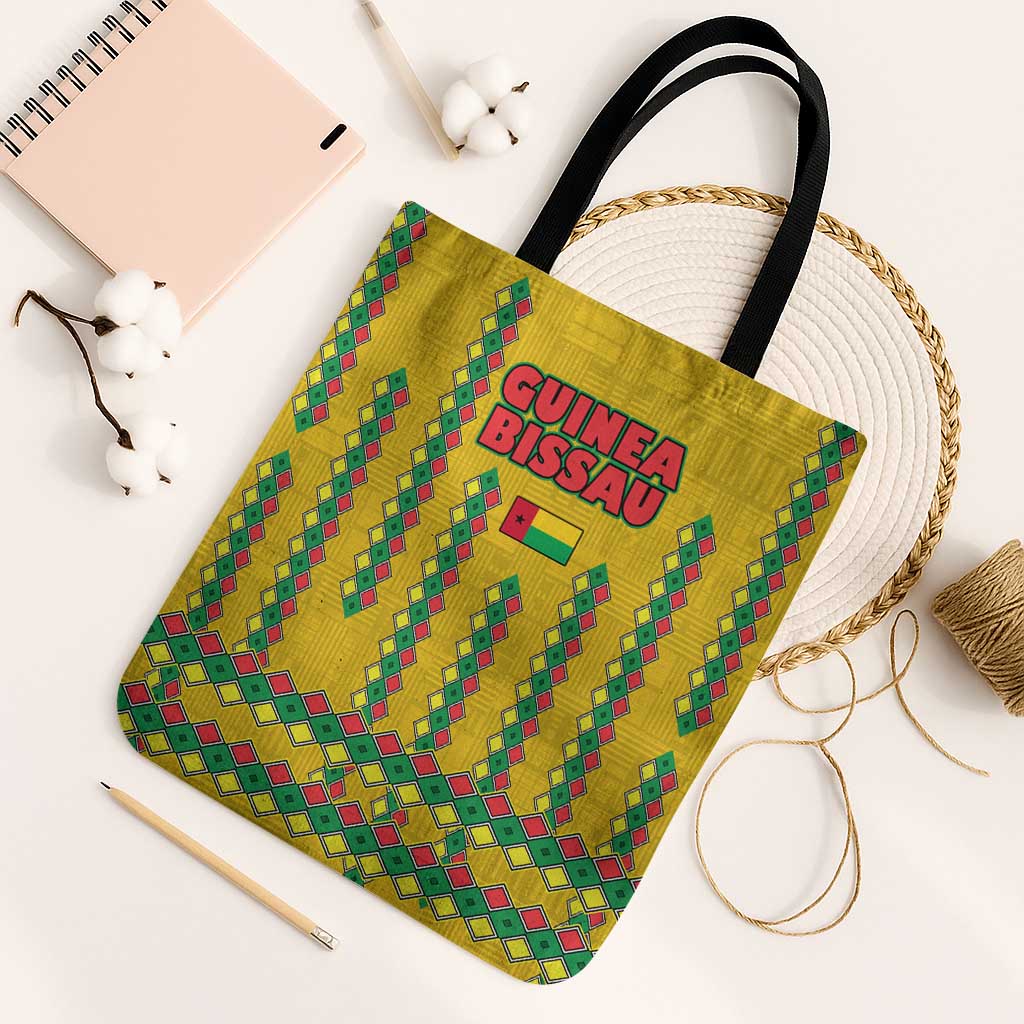 Guinea Bissau Tote Bag with Yellow Tribal Geometric Design and National Flag - Wonder Print Shop