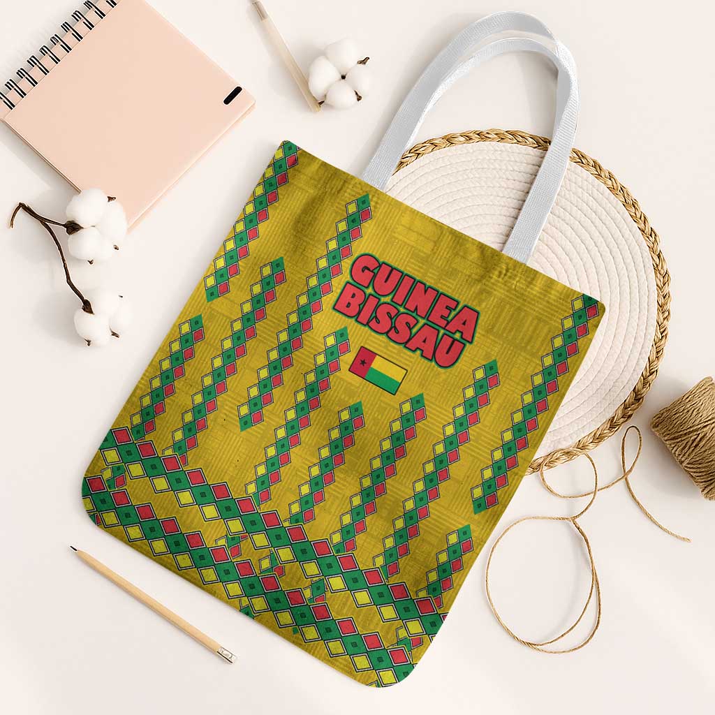 Guinea Bissau Tote Bag with Yellow Tribal Geometric Design and National Flag - Wonder Print Shop