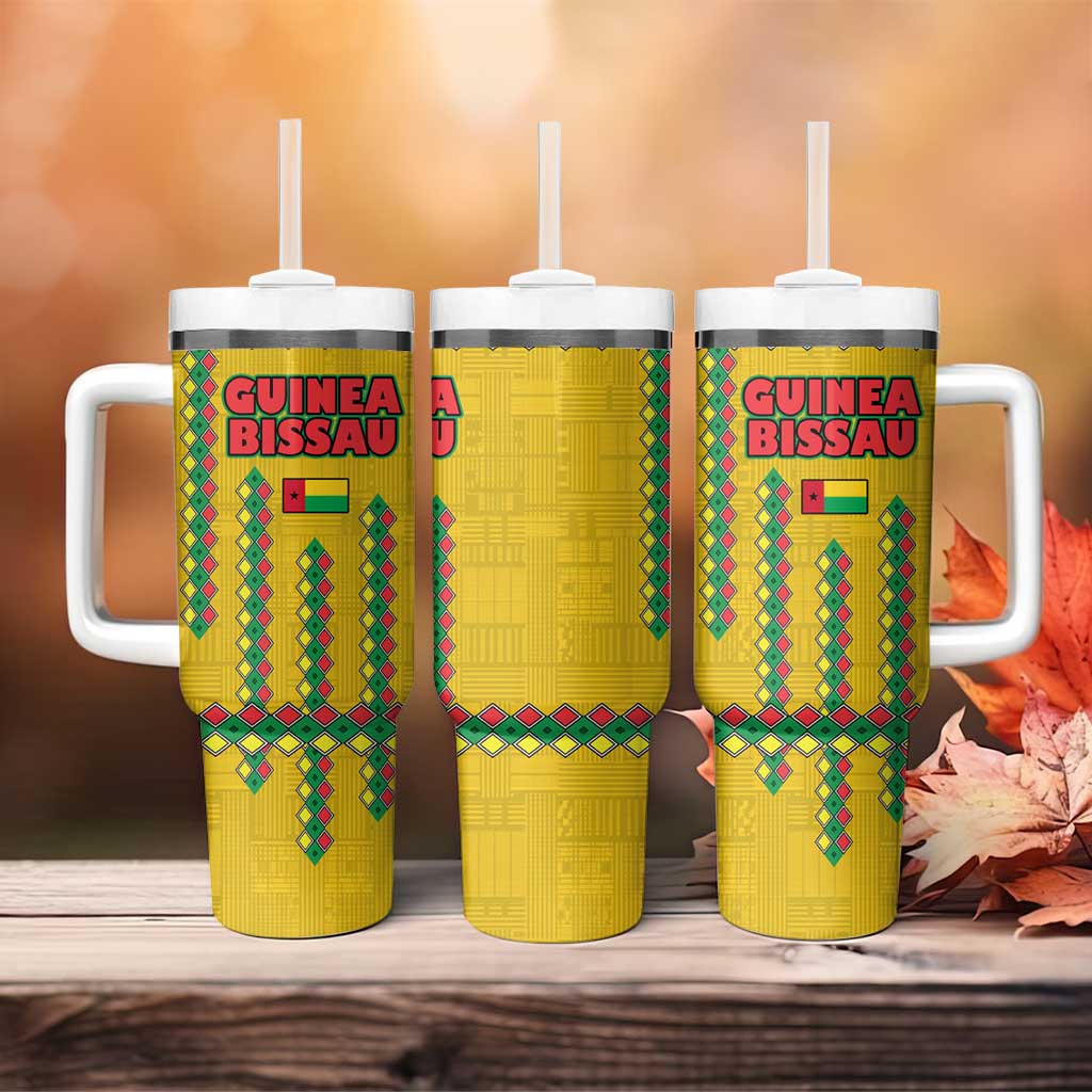 Guinea Bissau Tumbler With Handle with Yellow Tribal Geometric Design and National Flag - Wonder Print Shop