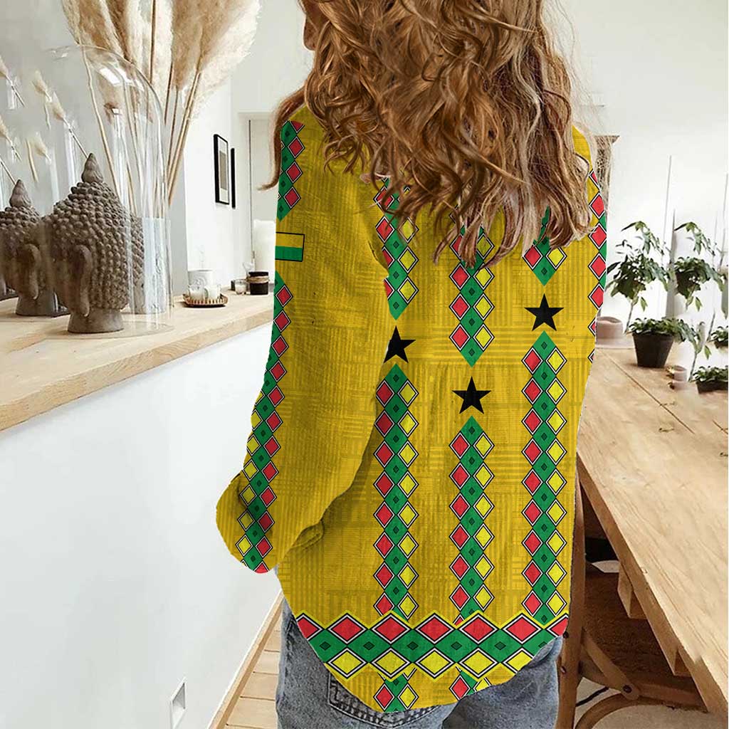 Guinea Bissau Women Casual Shirt with Yellow Tribal Geometric Design and National Flag - Wonder Print Shop