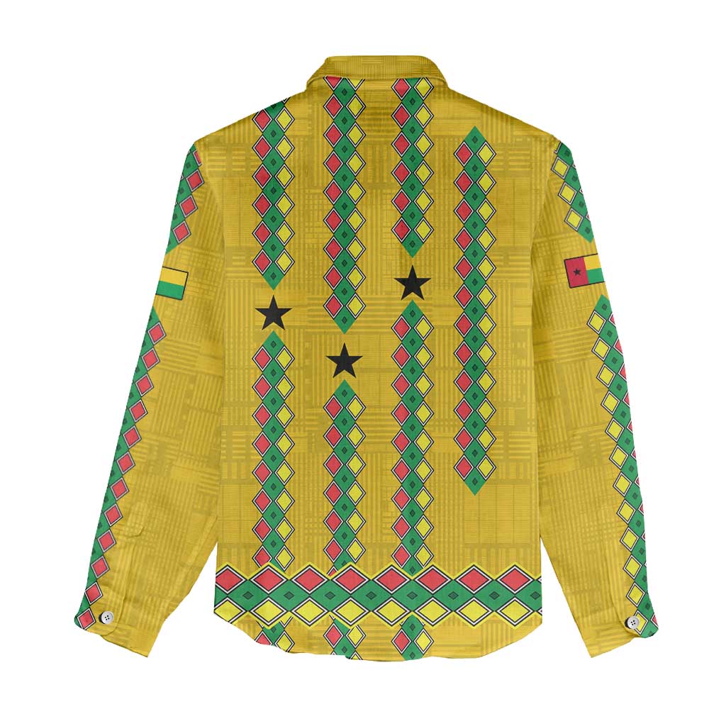Guinea Bissau Women Casual Shirt with Yellow Tribal Geometric Design and National Flag - Wonder Print Shop