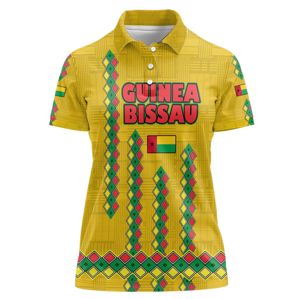 Guinea Bissau Women Polo Shirt with Yellow Tribal Geometric Design and National Flag - Wonder Print Shop