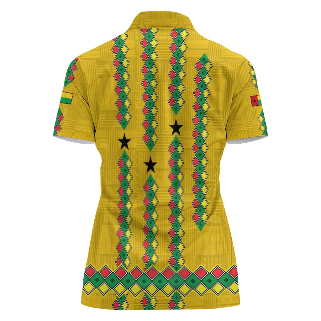 Guinea Bissau Women Polo Shirt with Yellow Tribal Geometric Design and National Flag - Wonder Print Shop