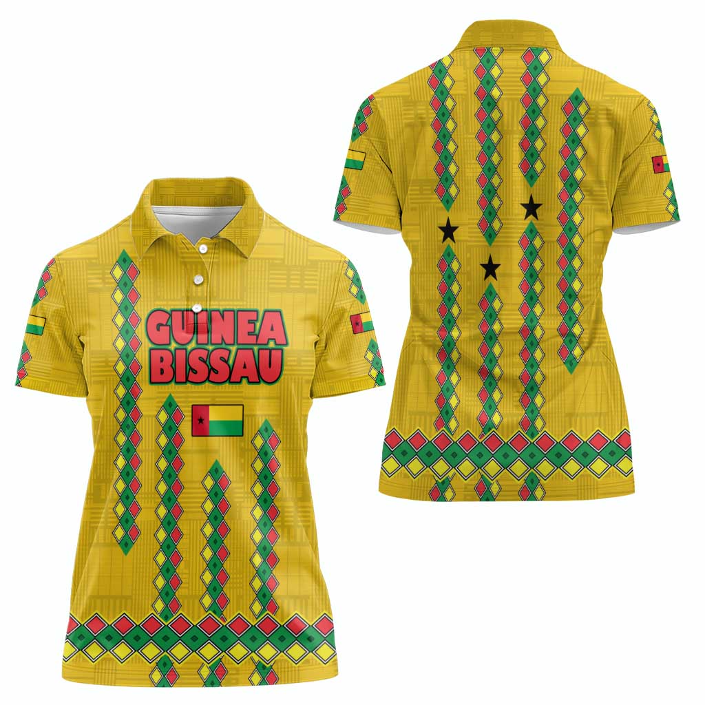 Guinea Bissau Women Polo Shirt with Yellow Tribal Geometric Design and National Flag - Wonder Print Shop
