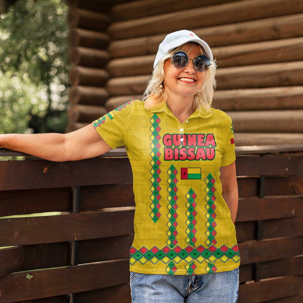 Guinea Bissau Women Polo Shirt with Yellow Tribal Geometric Design and National Flag - Wonder Print Shop