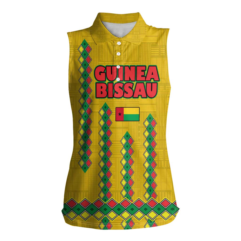 Guinea Bissau Women Sleeveless Polo Shirt with Yellow Tribal Geometric Design and National Flag - Wonder Print Shop