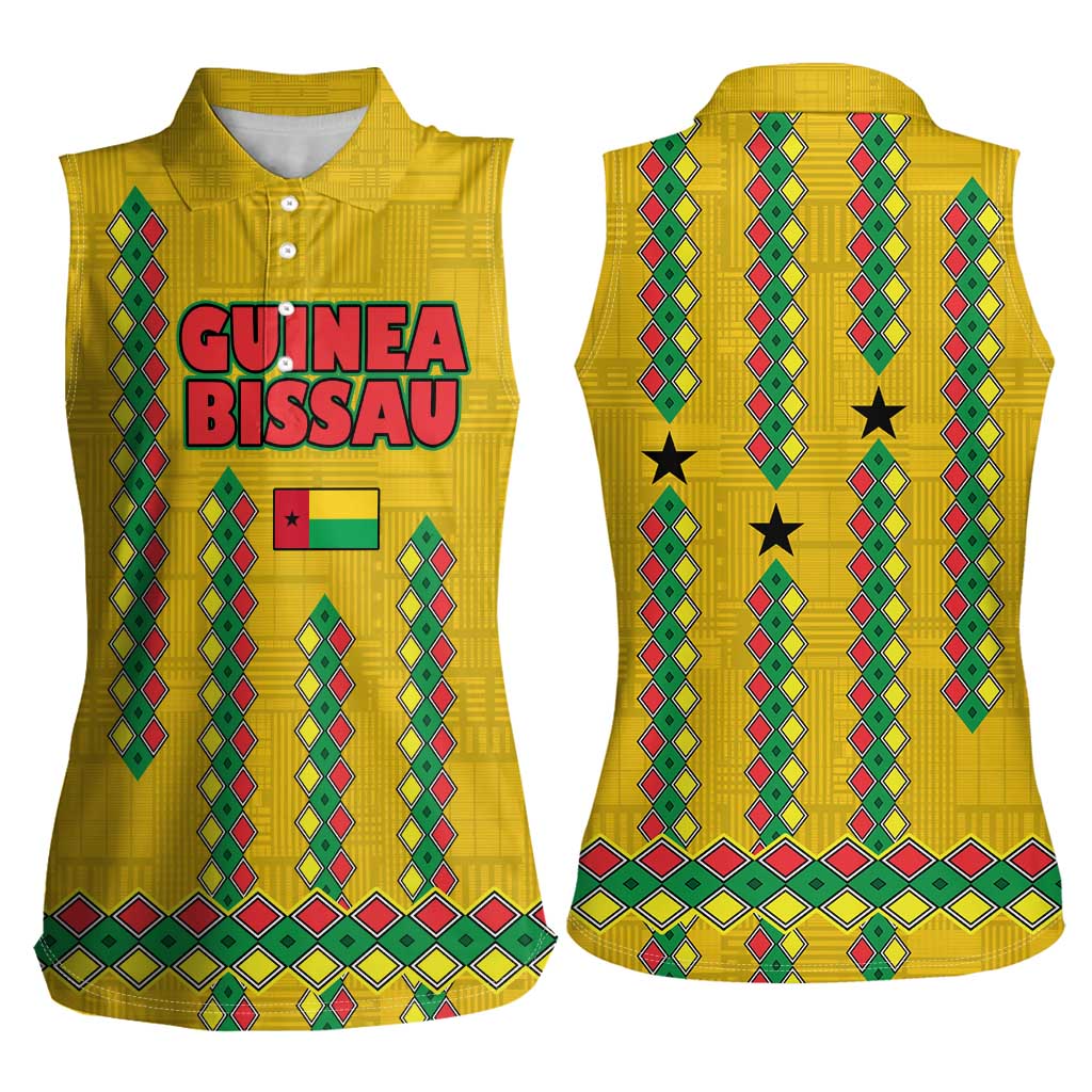 Guinea Bissau Women Sleeveless Polo Shirt with Yellow Tribal Geometric Design and National Flag - Wonder Print Shop