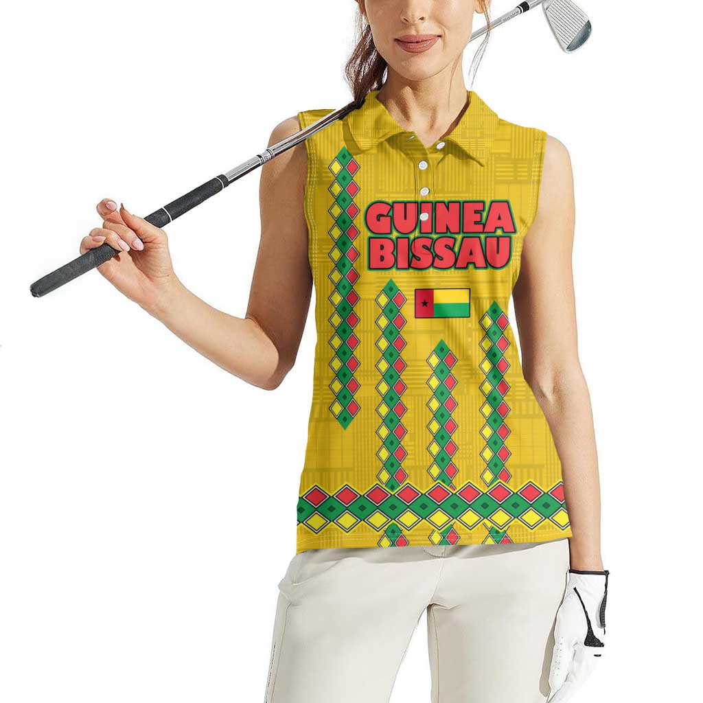 Guinea Bissau Women Sleeveless Polo Shirt with Yellow Tribal Geometric Design and National Flag - Wonder Print Shop