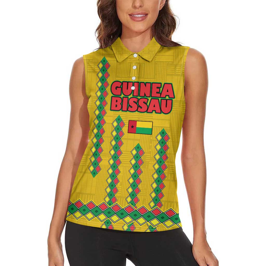 Guinea Bissau Women Sleeveless Polo Shirt with Yellow Tribal Geometric Design and National Flag - Wonder Print Shop