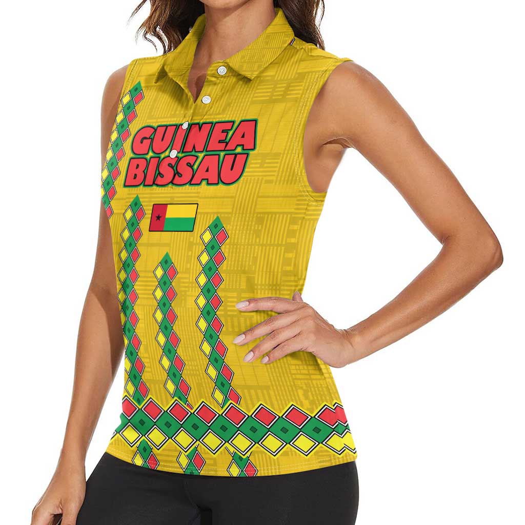 Guinea Bissau Women Sleeveless Polo Shirt with Yellow Tribal Geometric Design and National Flag - Wonder Print Shop
