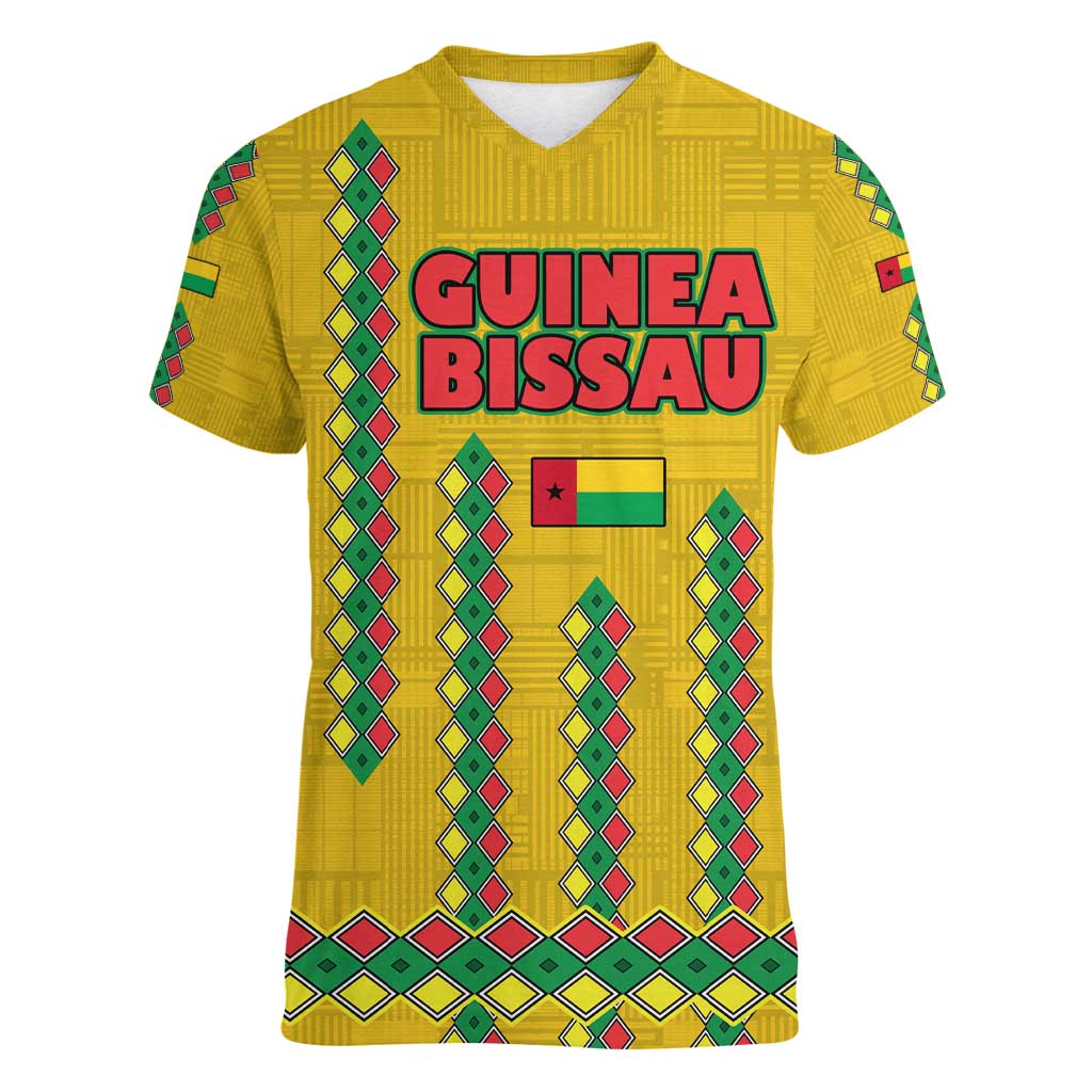 Guinea Bissau Women V-Neck T-Shirt with Yellow Tribal Geometric Design and National Flag - Wonder Print Shop