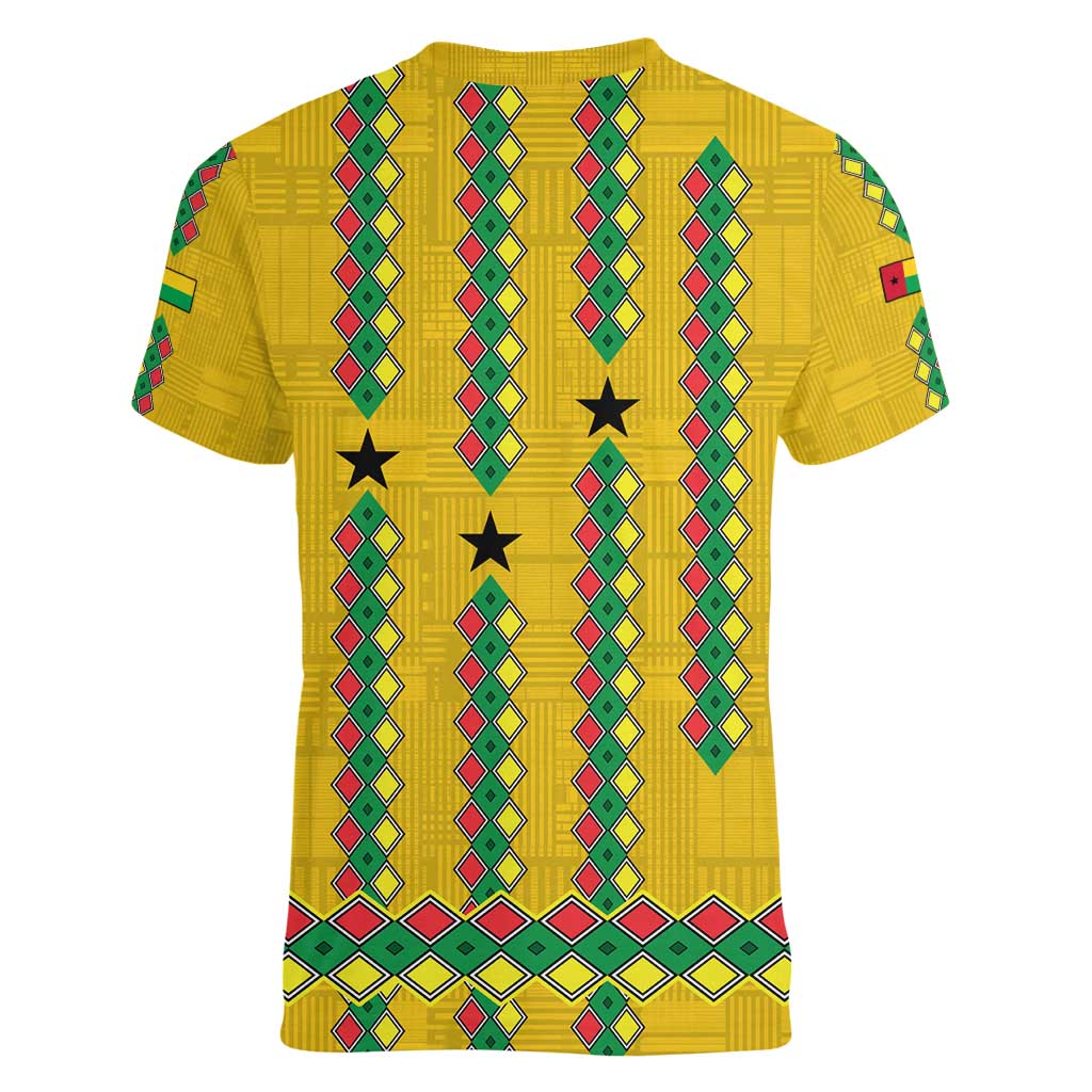 Guinea Bissau Women V-Neck T-Shirt with Yellow Tribal Geometric Design and National Flag - Wonder Print Shop